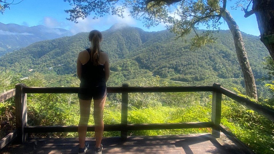 A woman faces away from the camera, looking at a sun-lit valley and mountain range in the distance.