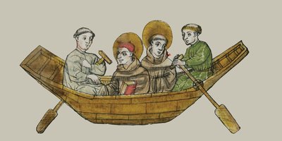 old illustration of the four men who look like monks in a paddle boat.