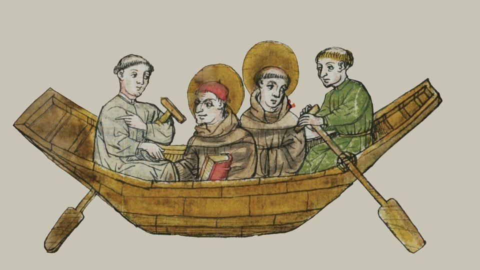 old illustration of the four men who look like monks in a paddle boat.