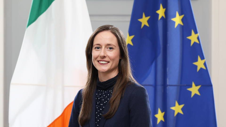 Consul General Claire Fitzgiboon standing in front of the EU and Irish flags.
