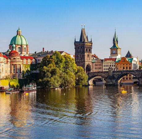 View of Prague across a river.