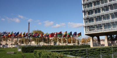 View of the flags outside the UN building with the Eiffel Tower in the background.