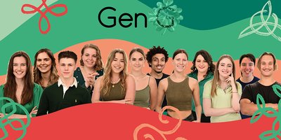 A group of young Irish-Australians in front of a colourful graphic with text reading "Gen G"