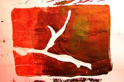 Red and white abstract artwork