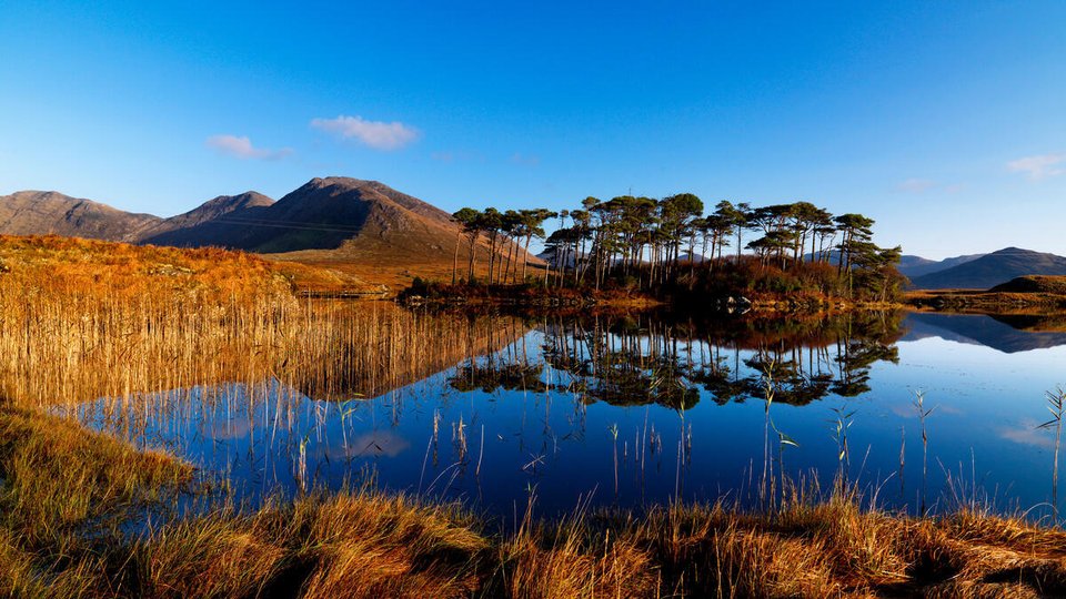 View across Derryclare Lake in Co Galway, with trees reflecting in the water
