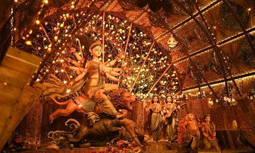 Pandal lit up at night during Durga Puja festival
