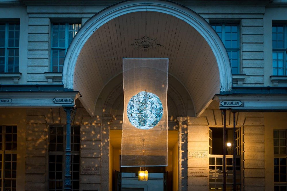 Discoball artwork hanging outside the Centre Culturel Irlandais