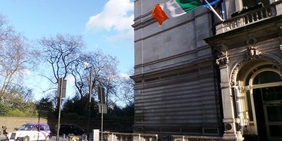 A view of the outside of the Embassy building.