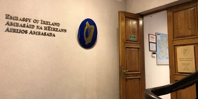 View of the signage in the lobby of the Embassy.