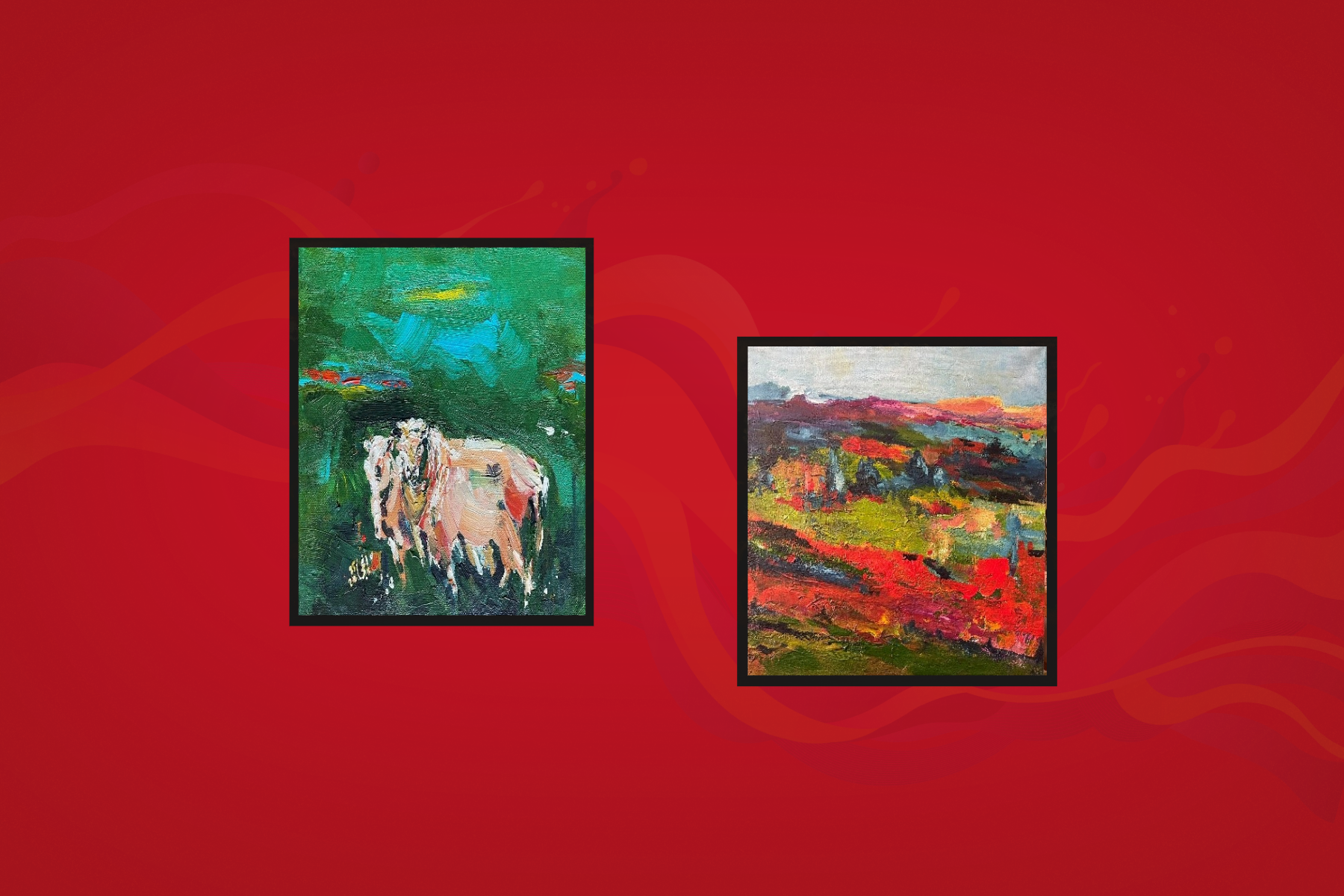 Two paintings depicting scenes of the irish countryside and sheep grazing in a field