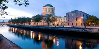 A view of the Four Courts at dusk.