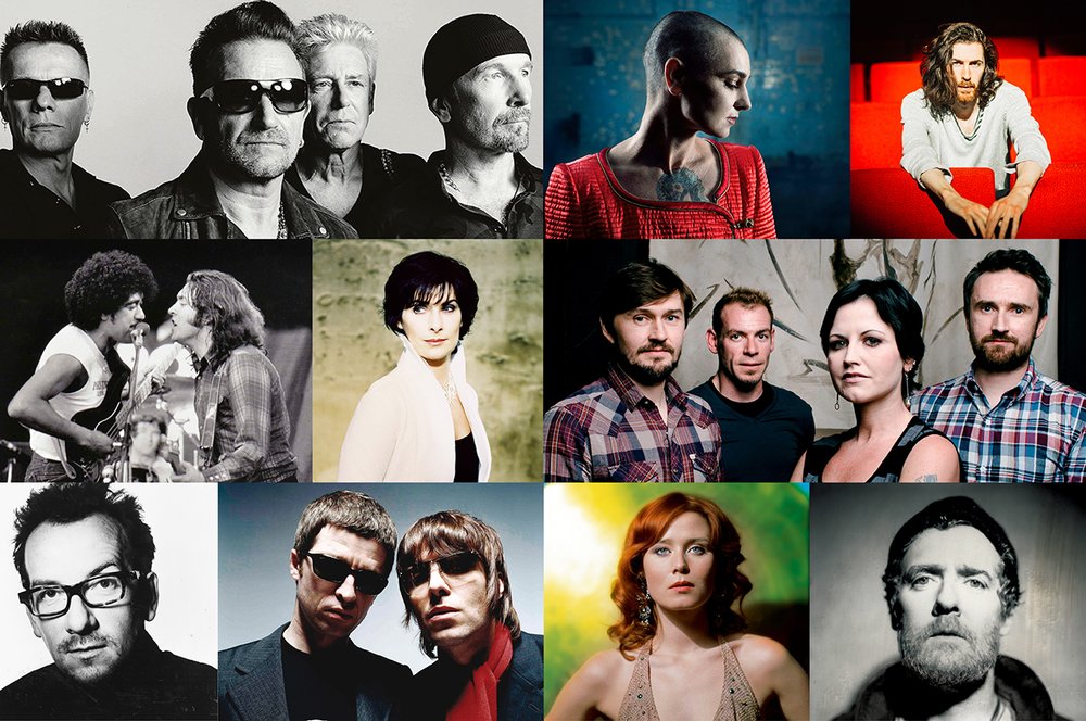 A collage of Irish musicians, including U2, Sinead O’Connor, Hozier, the Corrs, Glen Hansard, Oasis and more.