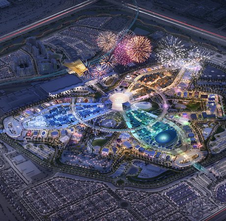 Aerial view of xpo campus with fireworks over it.