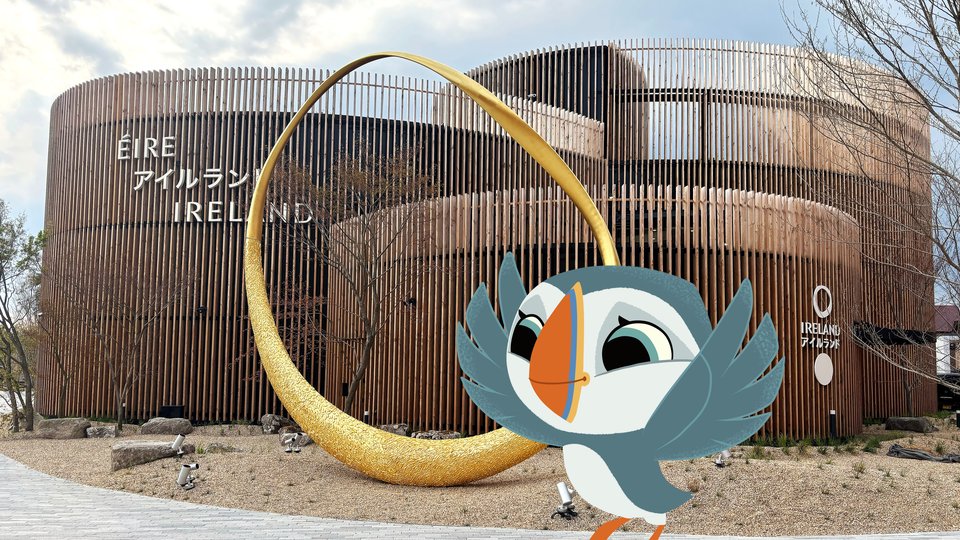 Graphic of a bird outside the Ireland pavilion at EXPO 2025