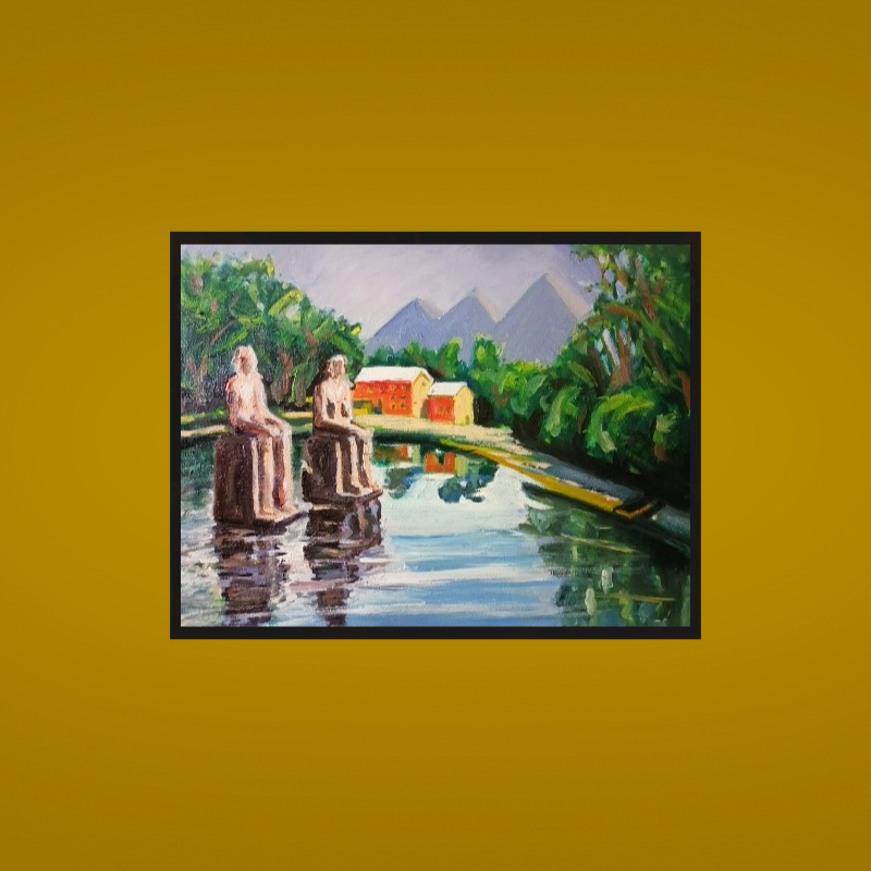 Pharaonic statues in an Irish river with a green houses and trees in the background