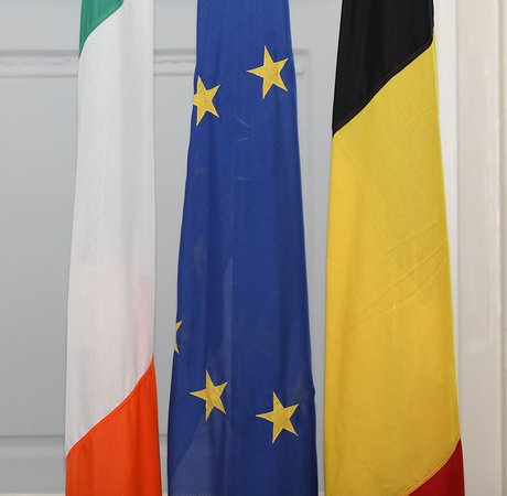 Irish, EU and Belgian national flags