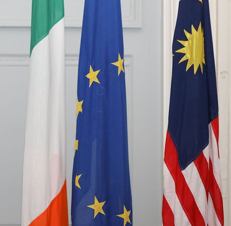 Irish, EU, and Malaysian national flags