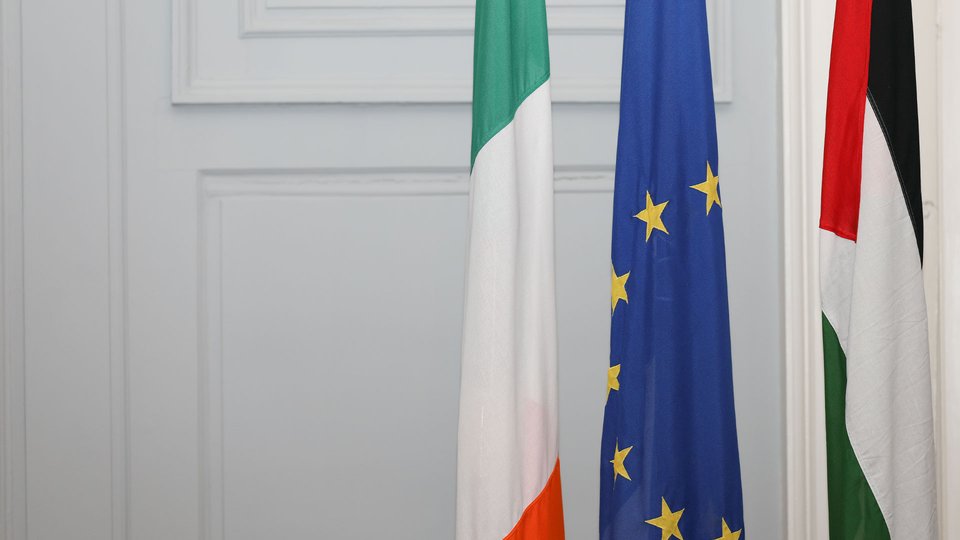Ireland, EU and Palestinian flags.