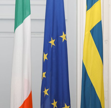 Irish, EU and Swedish national flags