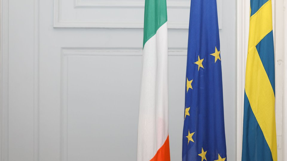 Swedish, European and Irish flag from right to left