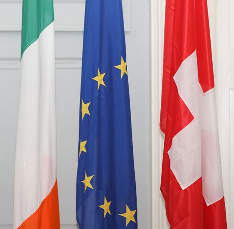 Irish, EU and Swiss national flags
