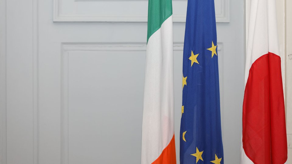 Irish, EU and Japanese flags.