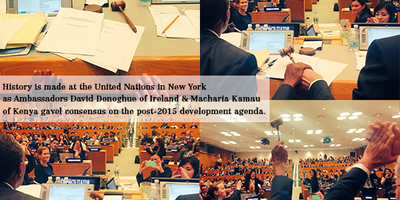 A line of flags flying outside the UN building