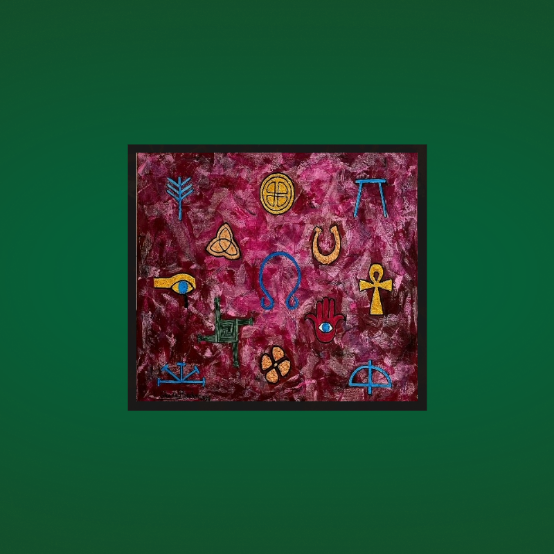 A painting including the St. Brigid's cross, the Key of Life, the Horseshoe, the Eye of Horus, the St. Benedict Medal, Hand of Fatma, and many other Celtic symbols