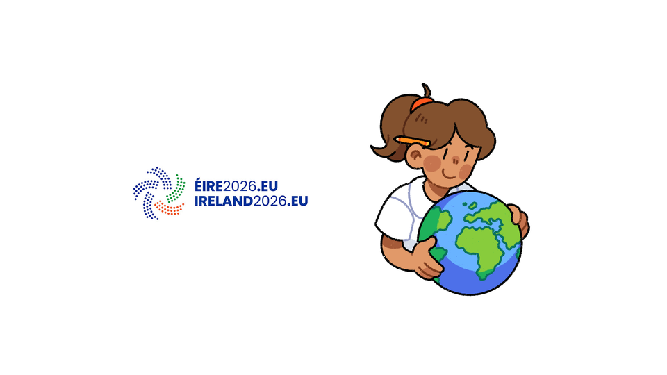 Presidency logo and illustration of girl with a globe