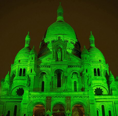 very large cathedral lit up in green at night time