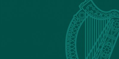 Outline of the Government of Ireland harp on a green background.