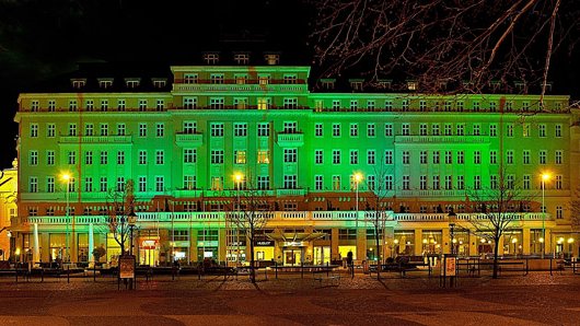 building with green light
