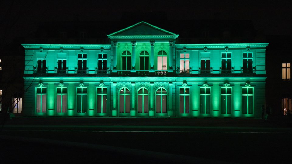 Chateau de la Muette lit up in green.