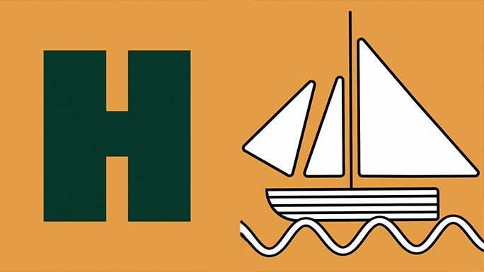 The letter H with a graphic of a boat