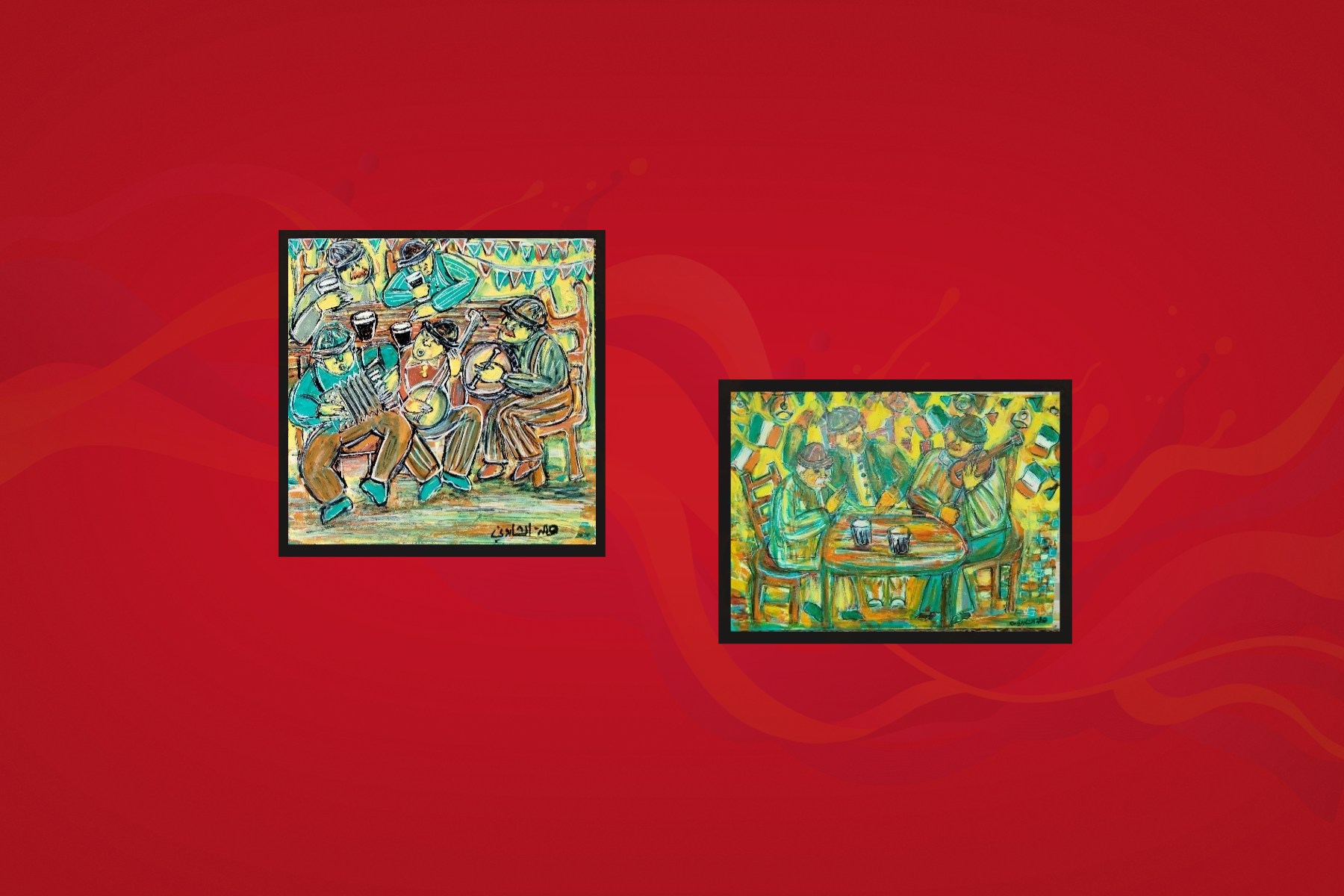 Two paintings depicting scenes in a busy Irish pub, with musicians playing instruments and people drinking pints