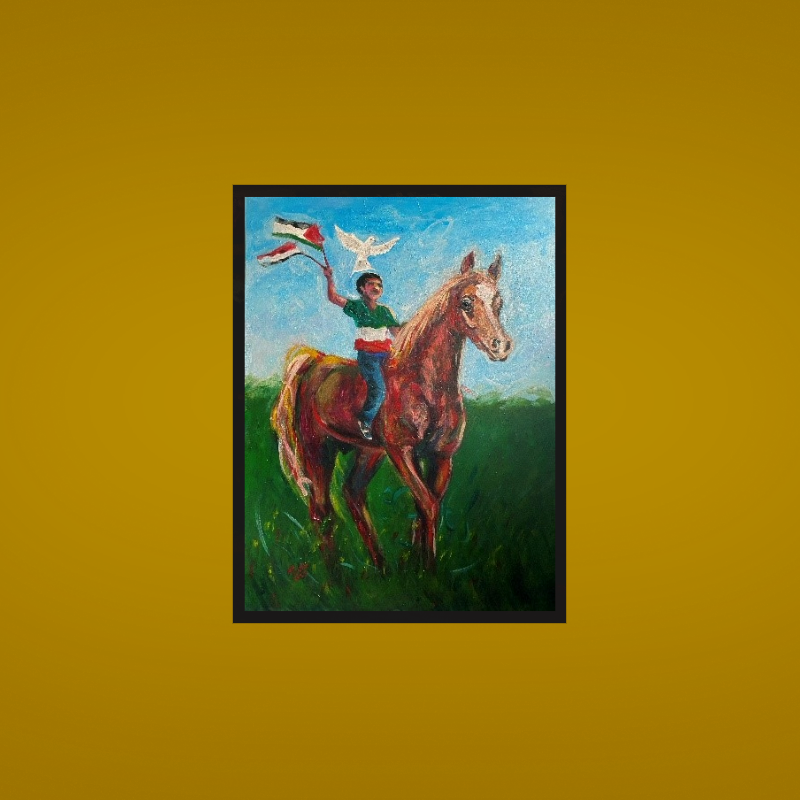 A painting with a horse and on its back is a child wearing a shirt in the colours of the Irish flag, waving the flags of Egypt and Palestine.