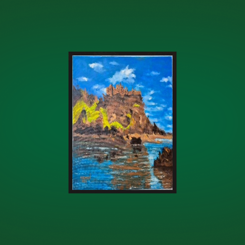 An artwork shows a castle on top of a mountain in Ireland