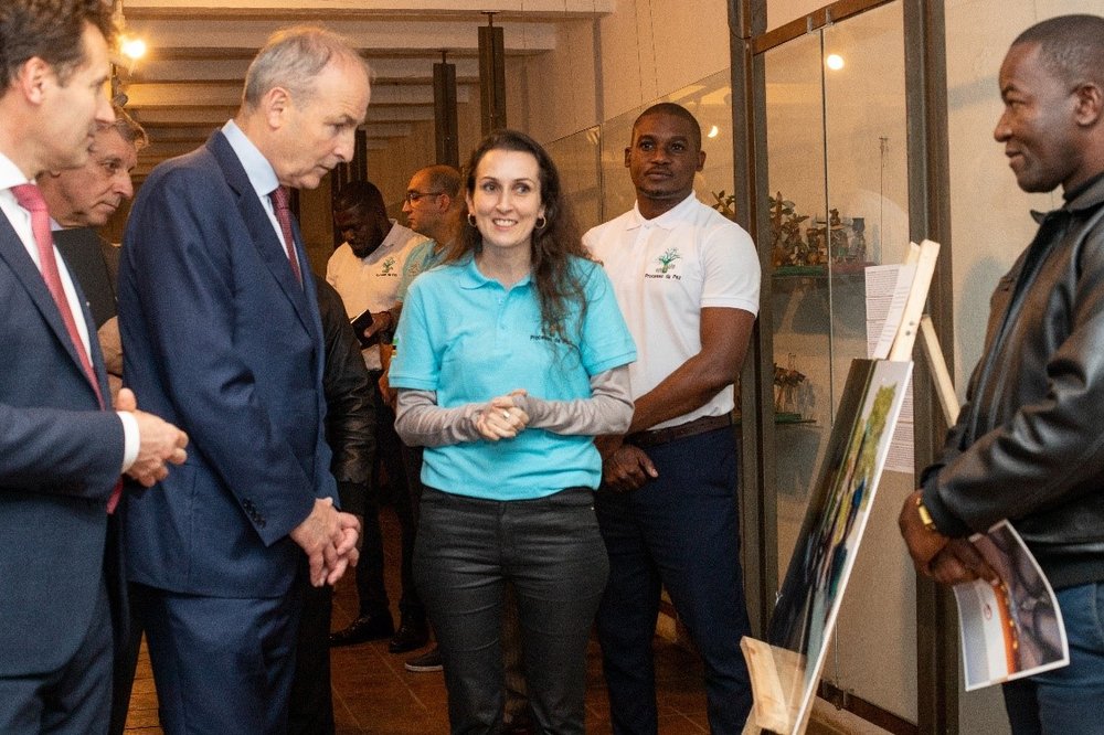 Head of Office, Aoife Murphy leading Tánaiste Micheál Martin through the Peace Process exhibition in Maputo