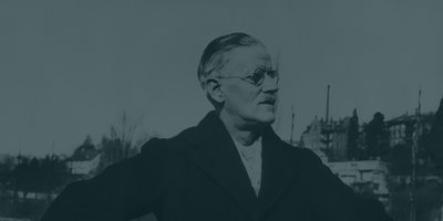 An old photo of James Joyce with a transparent teal overlay
