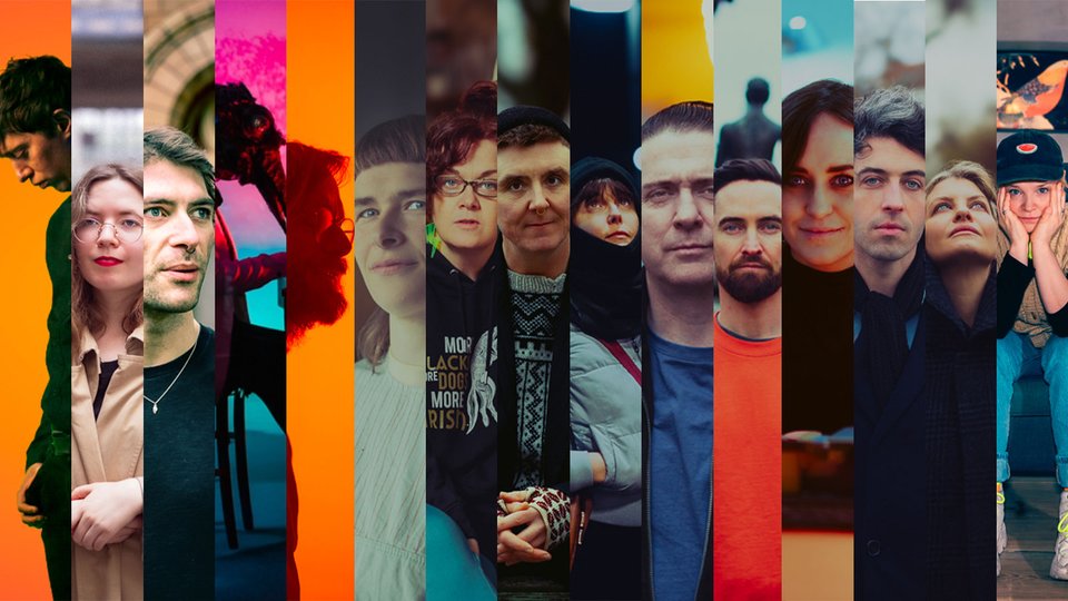 A collage of slices of portraits of 15 artists participating in the podcast.