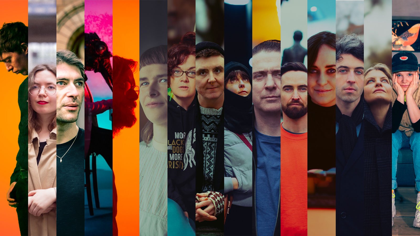 slices of portraits of artists against different coloured backrounds and street scenes