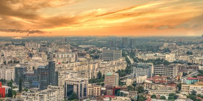 View of skyline of Bucharest at dawn.