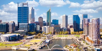 View of Canberra's skyline from the water on a sunny day.