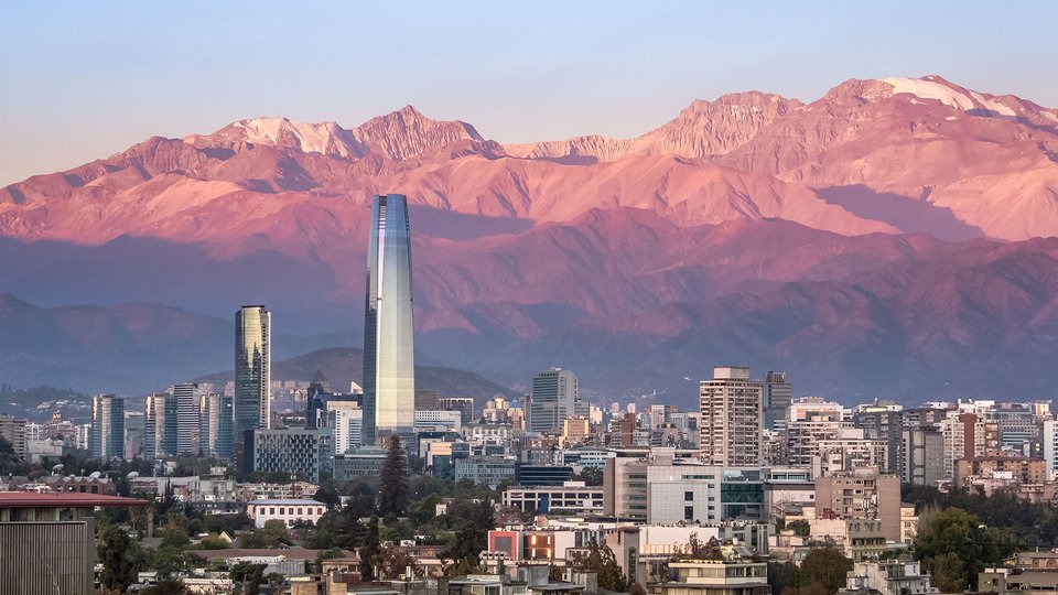 Skyline view of Santiago at dawn