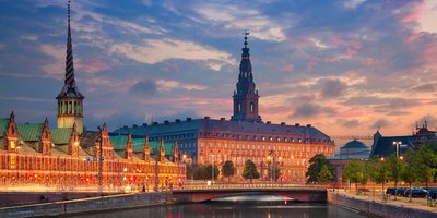A view of Copenhagan at sunset.