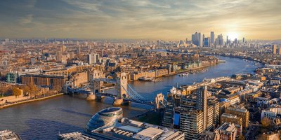 Aeriel view of London at sunrise