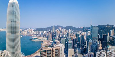 View of the skyline of Hong Kong along the water.