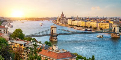 View of the main river in Budapest at sunset.