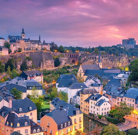 Skyline of Luxembourg at sunset.