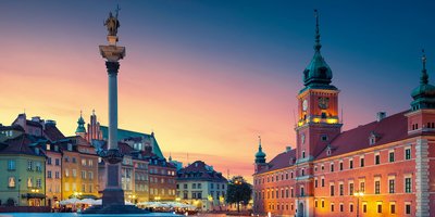 View of Warsaw's historical quarter at sunset.